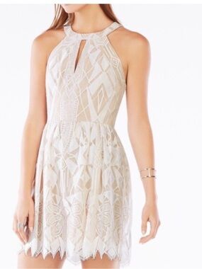 NWOT BCBGMAXAZRIA Size 2 Nude Ivory Lace Dress High Neck Keyhole Fit & Flare